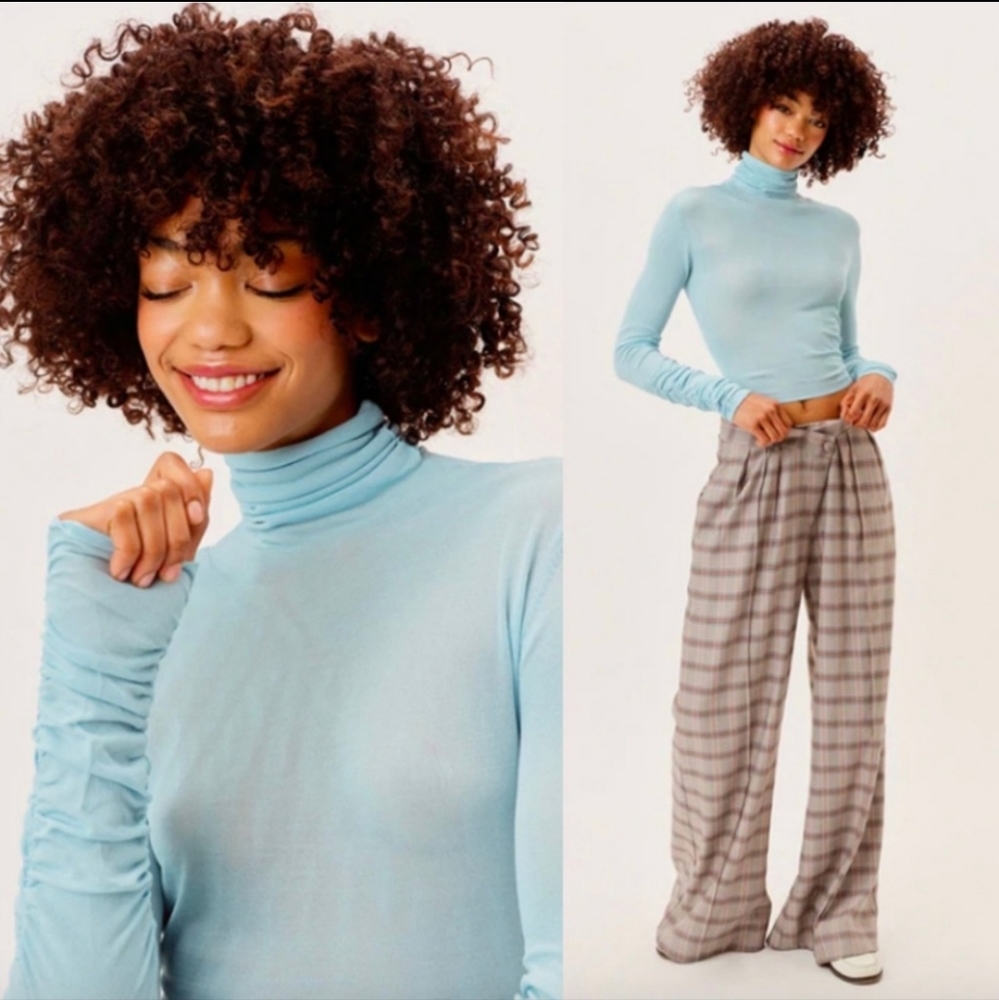 💙🩵 FOR LOVE & LEMONS Baby Blue Sadie Ruched Long-Sleeve Turtleneck Top 🩵💙
